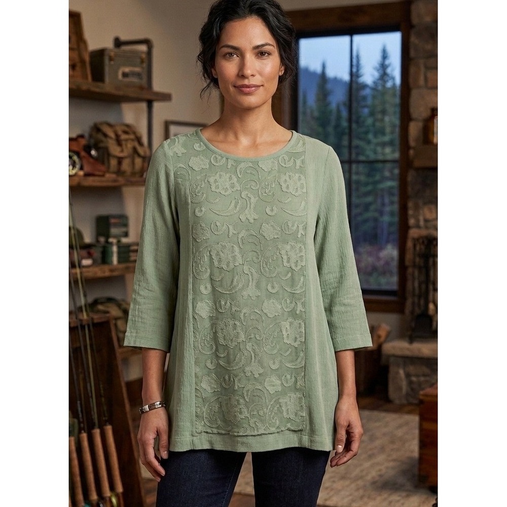 Soft Surroundings Tunic Womens Sz L Floral Burnout Sage Green Relaxed Lagenlook